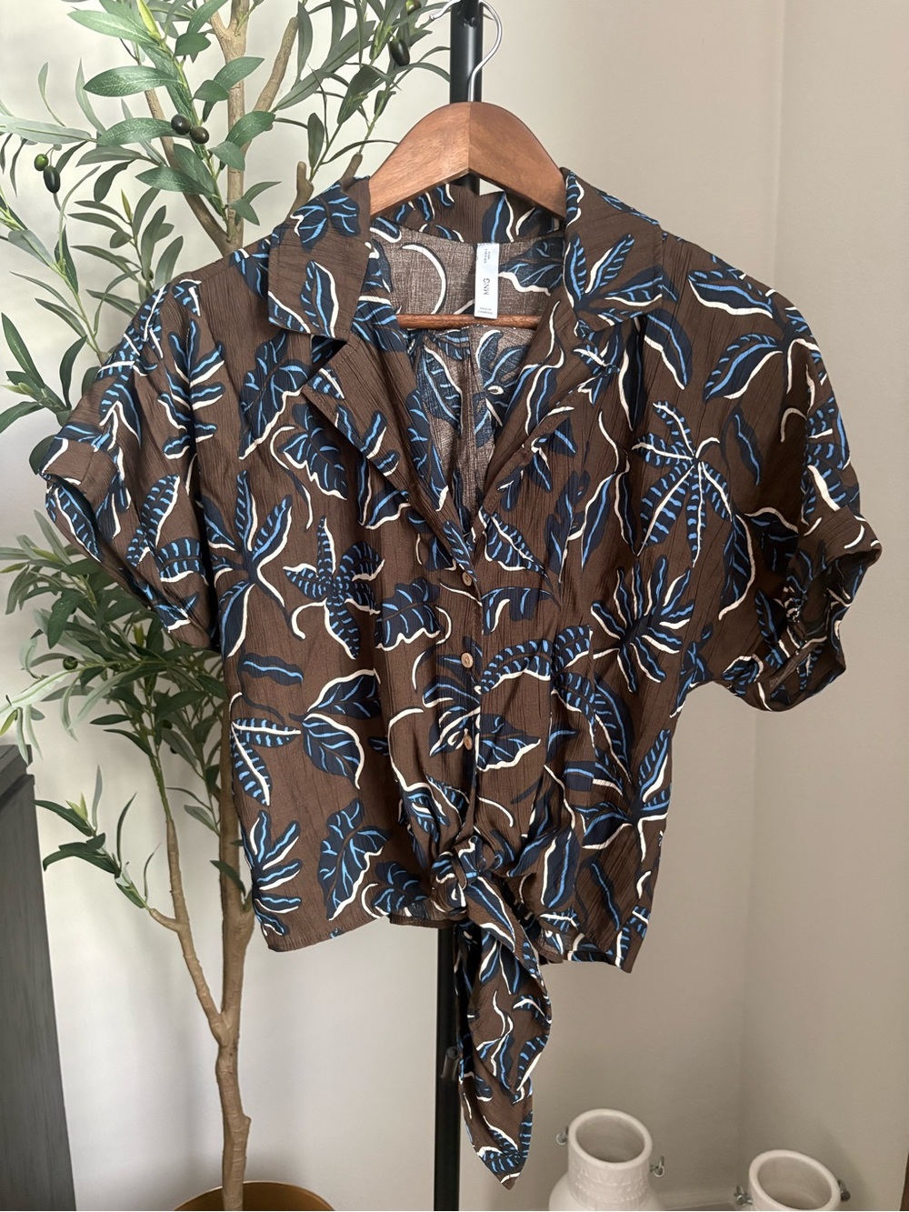 Mango Brown Button-Down Tie-Front Shirt with Blue Leaf Print